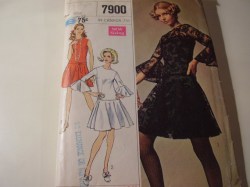 7900 1968 SIMPLICITY DESIGNER NO COLLAR DROP WAIST DRESS, SLIP PATTERN 16 38''; 14 36"